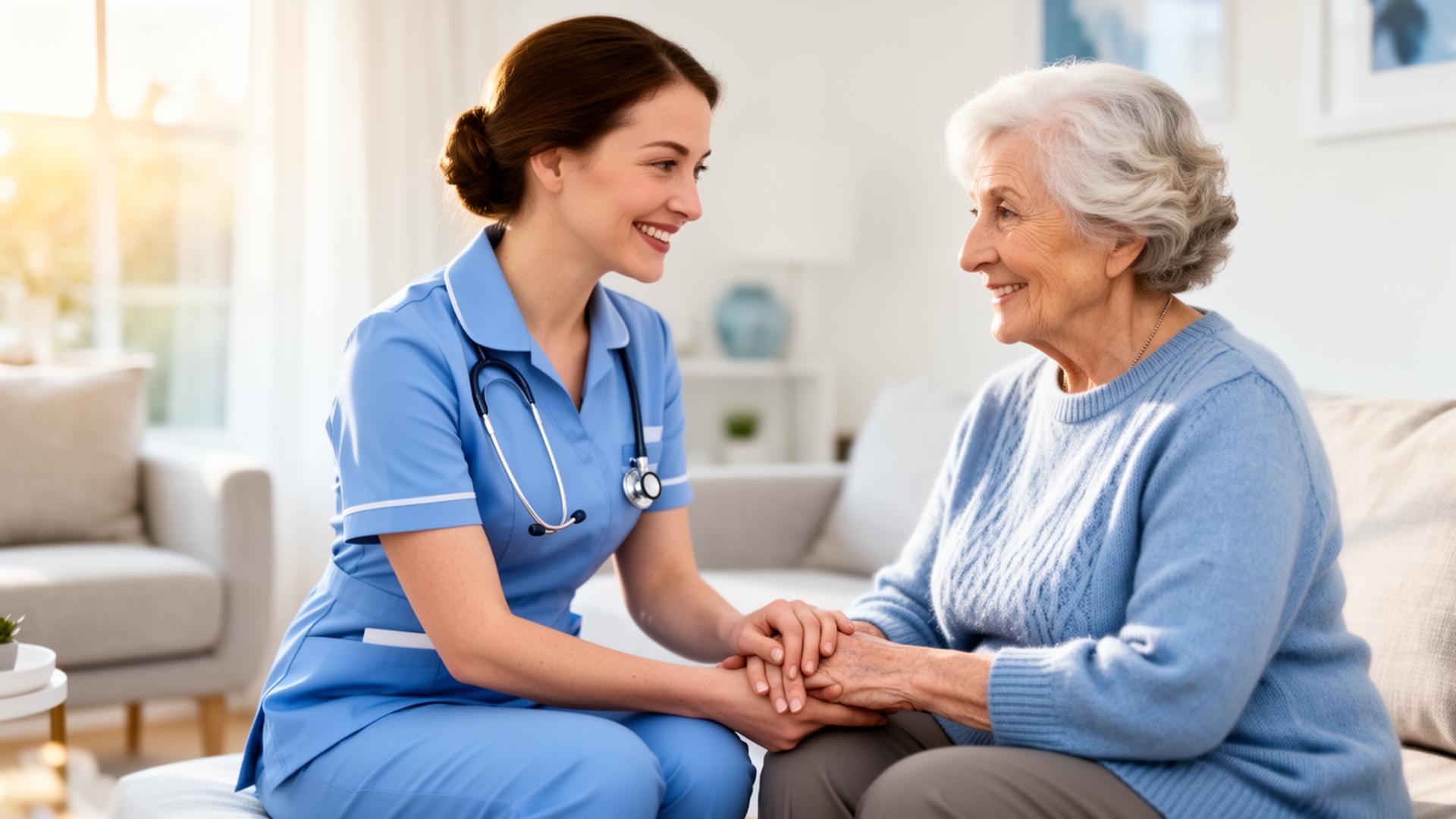 A smiling UK nurse in a soft blue uniform holding the hand of an elderly woman in a bright, modern living room.